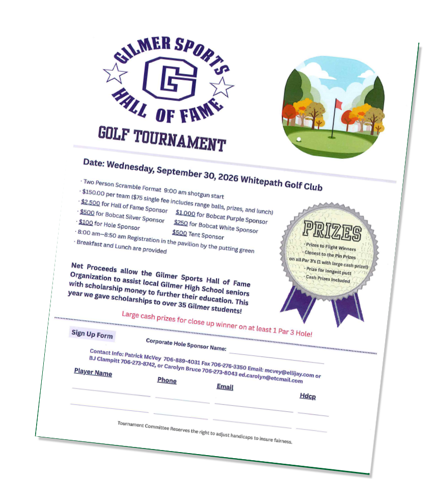 graphic of the 2026 Gilmer County Sports Hall of Fame Golf Tournament Registration Form